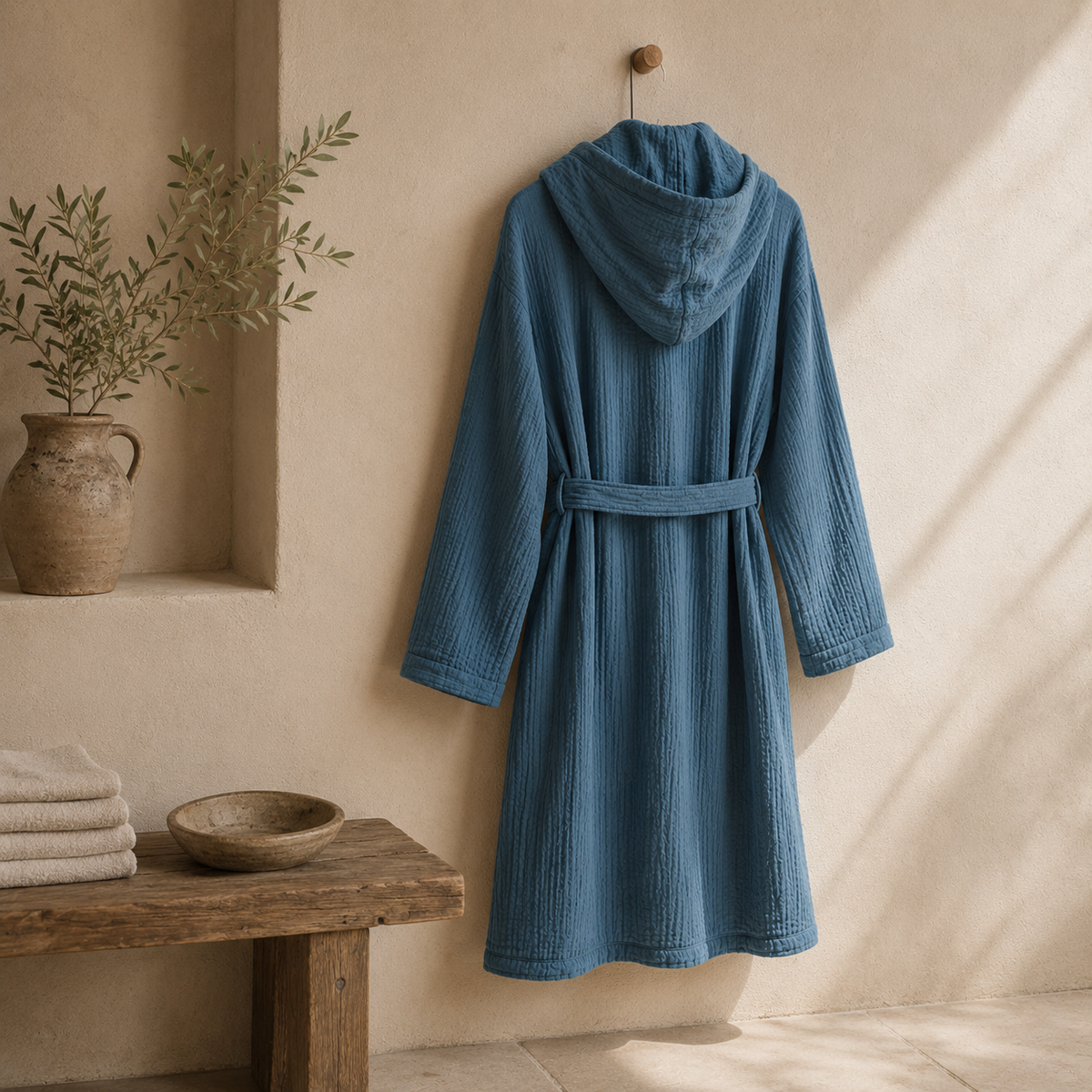 Albornoz de baño azul talla S-M con capucha Casa Seconda