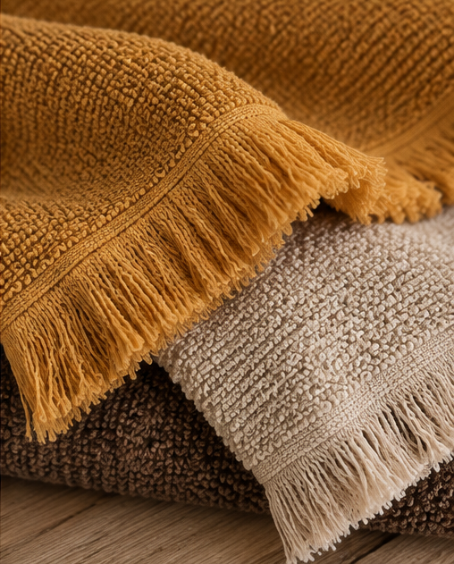 Detalle de textura y flecos del juego de toallas Carinho de baño