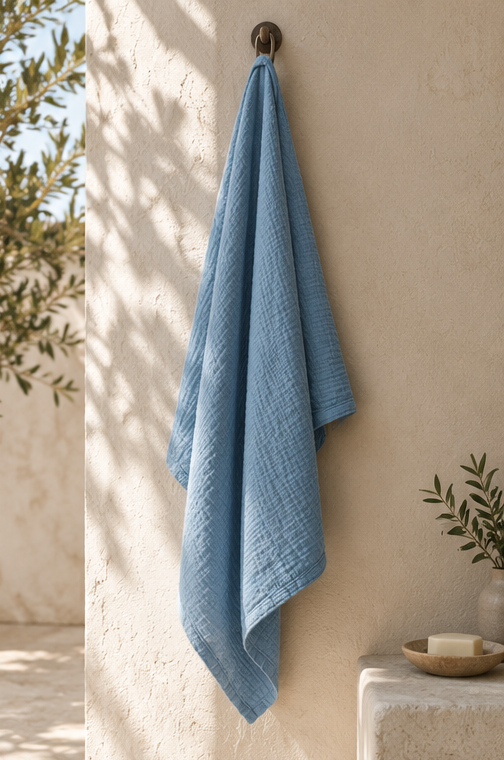 Toalla Punto para baño color azul colgada
