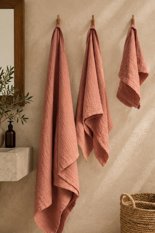 Toallas Punto para baño color rojo colgadas