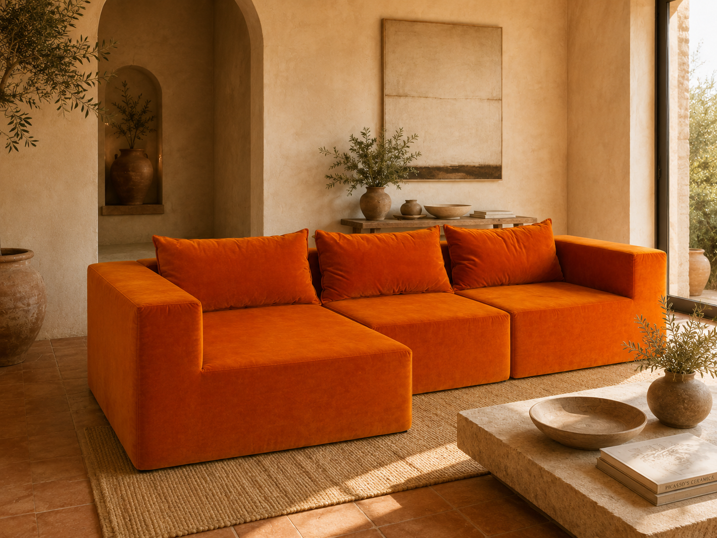 Detalle del sofá modular Giardino naranja para terraza o interior