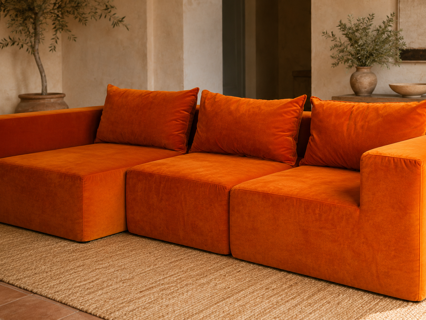 Sofá modular Giardino naranja con chaise longue y cojines